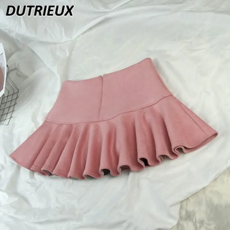 

College High Waist Ruffles Pleated Exposure-Proof Skirts Culottes Spring Autumn New Lolita Lace Fishtail A- Line Mini Skirt