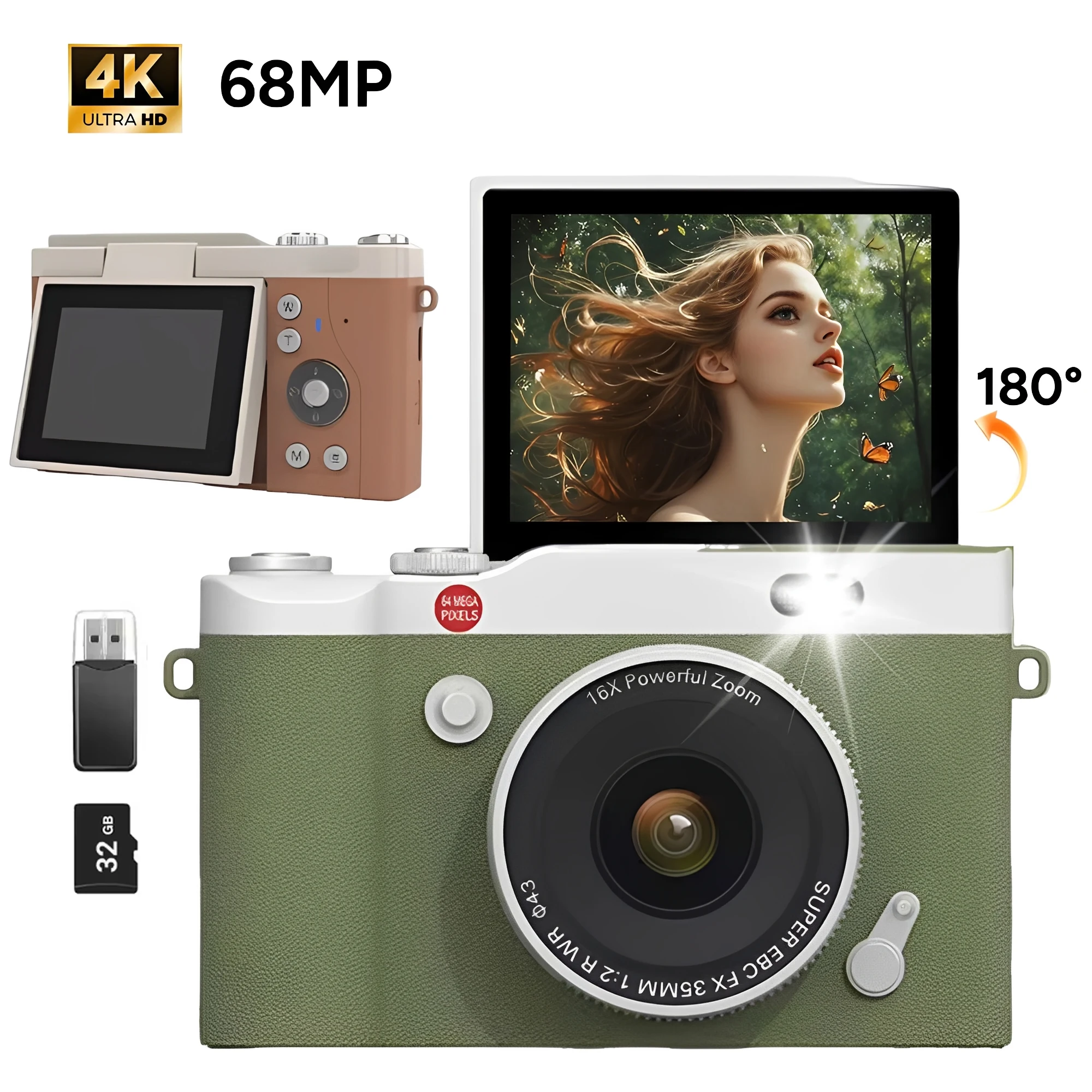 4K Digital Camera Vintage Vlog Video Recorder CCD 180° 16X Digital Zoom Portable Digital Photography Flip Screen Selfie Camera
