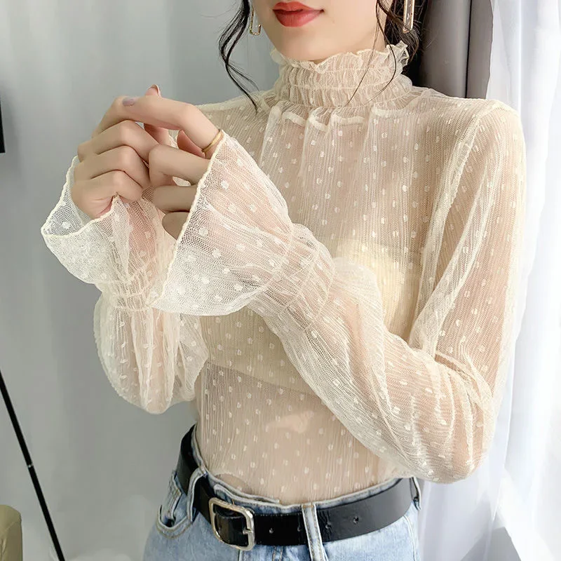 トップス DOT LACE SEE-THROUGH TOP (HIGH NECK) Dot lace see-through top (high neck) black