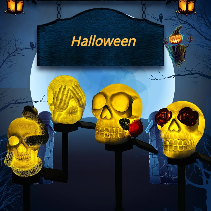

Уличные украшения на Хэллоуин, лампы на солнечных батареях, светильник на колышке в виде черепа для сада, реквизит для украшения на Хэллоуин