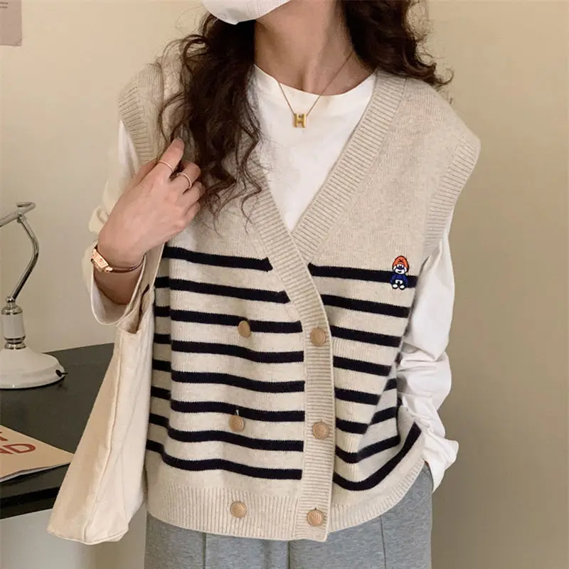 

Женский двубортный жилет в полоску, свободный простой кардиган в стиле преппи с V-образным вырезом, Осень-зима 2023
