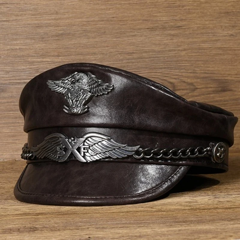 

German Navy Hat For Men Unisex Genuine Leather Retro Eagle Locomotive Caps Male Spring Sailor Captain Casquette Cool Flat