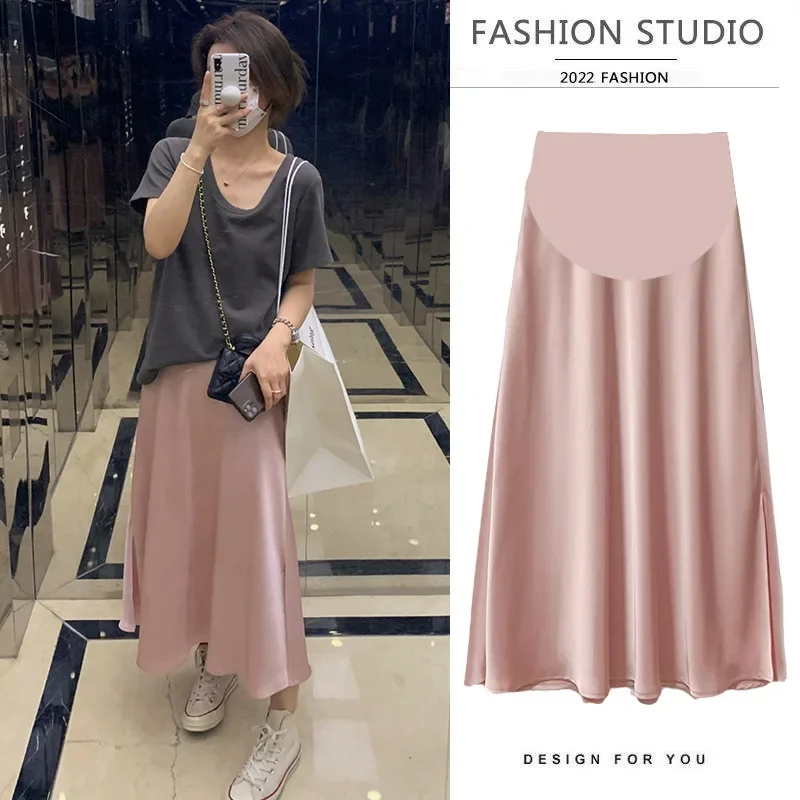 Maternity Satin A- Line Midi Skirt Summer New Sensation Belly Support Vinegar Acetate Half-length Bodycon Skirt for Pregnant Wom