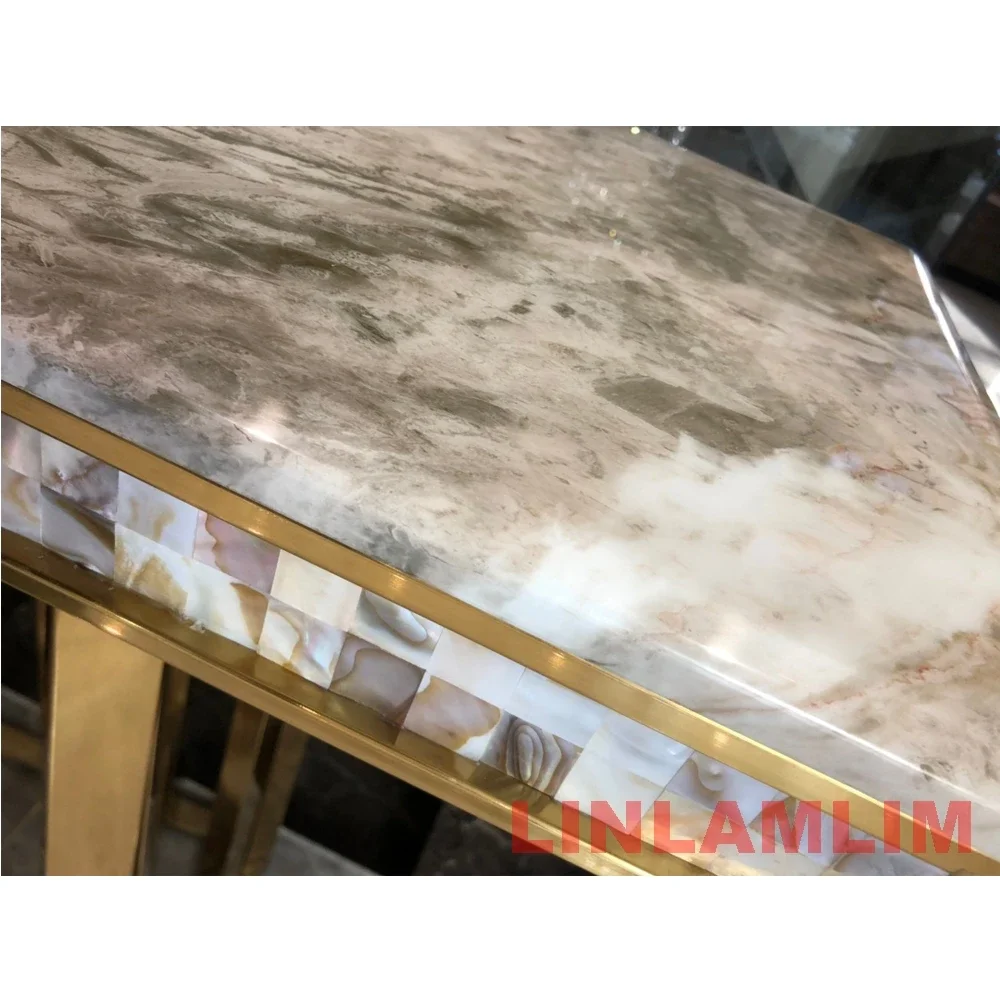 MINGDIBAO Dining Side Table with Sticking Seashells, Natural Marble Stainless Steel End Table, Handmade Coastal Style Furniture