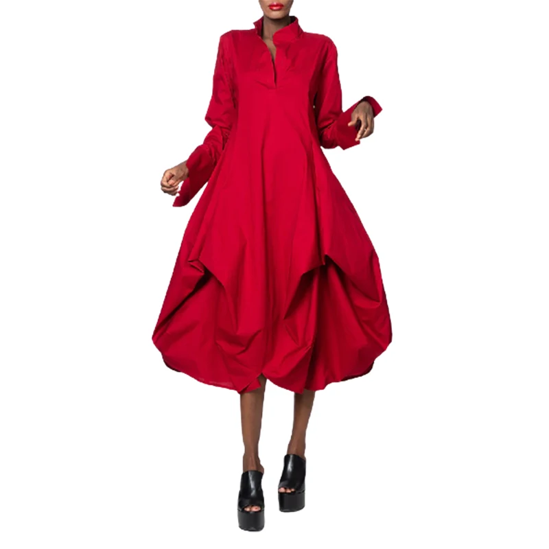 

Modigirl Urban Women Dresses 2024 New Stylish Solid Color Loose Stand-Collar Long Sleeves Party Midi Dress