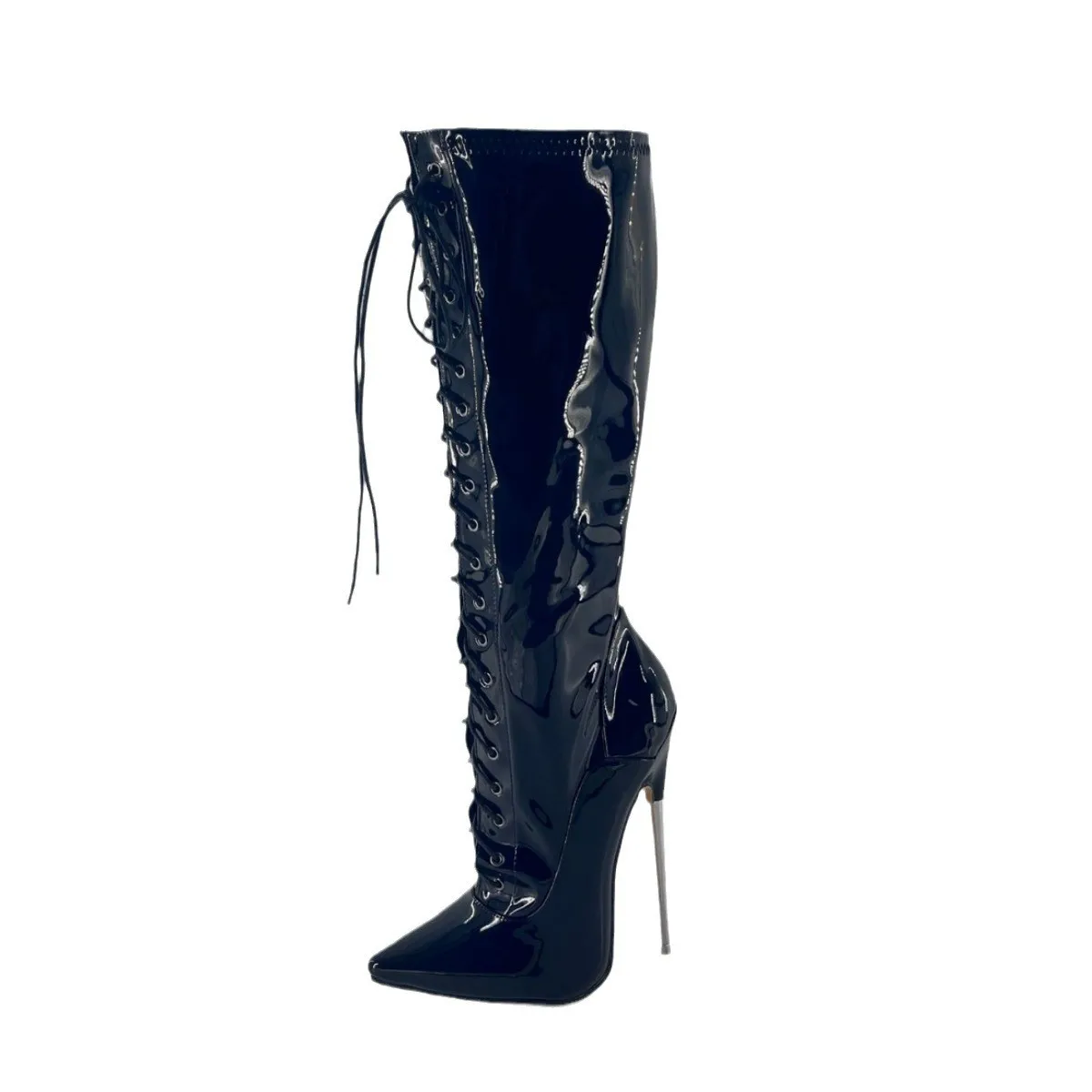 

18 cm high heel European and n style large size knee boots sexy metal thin heel front strap knee high heel boots 36-46