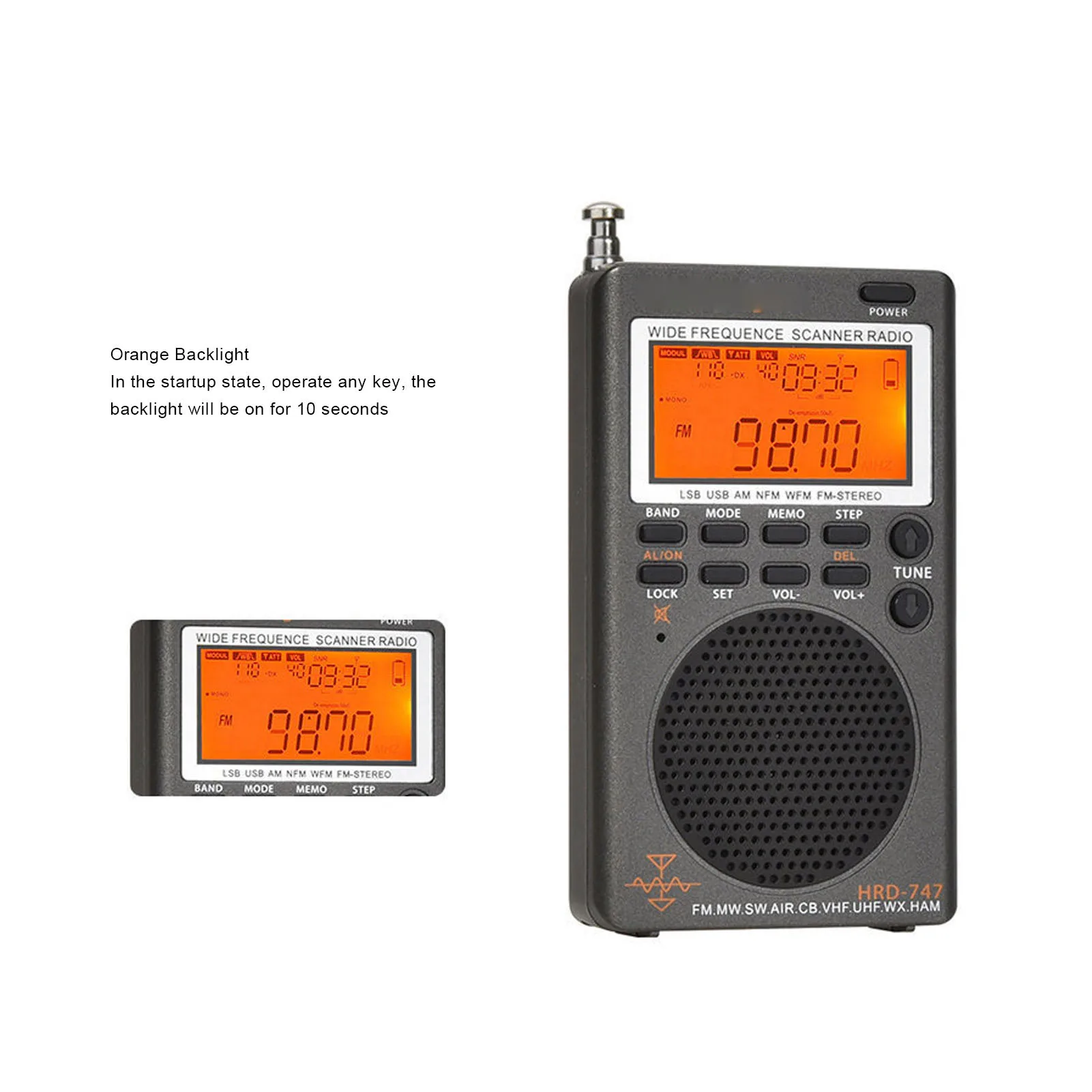 휴대용 DSP 수신기 풀밴드 수신기 FM MW SW SSB LSB AIR CB VHF UBD WX 휴대용 DSP 라디오 수신기 8Ω 1W 스피커 지원