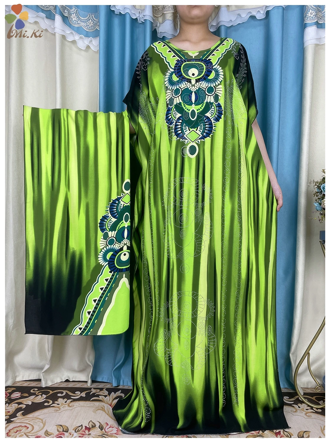 2024 New African Abaya Women Short Sleeved Dress Tie Dyed Diamond Scarf Dress Dubai Maxi Loose Fitting Dress Islamic Clothing