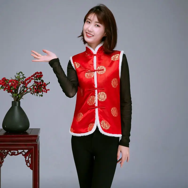 Chinese Style Top China New Year Traditional Clothing 16Colour Women Tang Suit For Adult Winter Cotton Fur Thick Hanfu Vest
