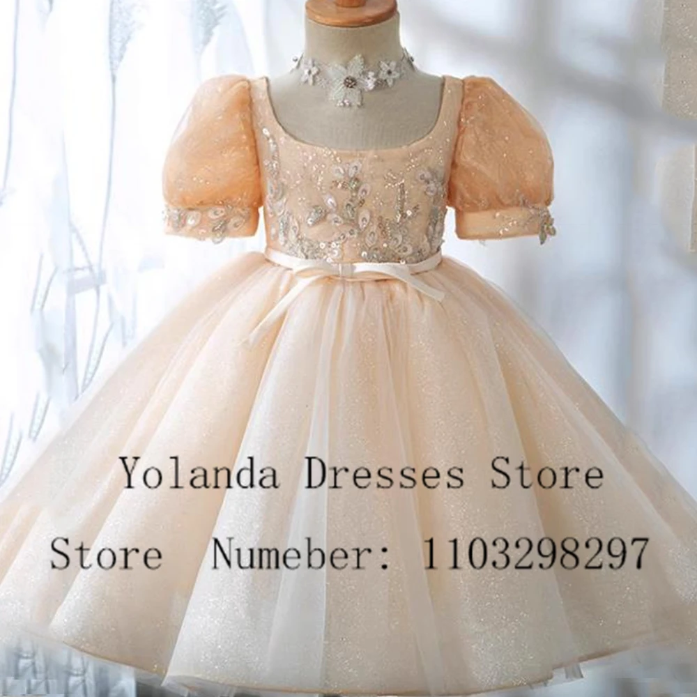 

Exquisite Flower Girl Dress Princess Tiered Tulles First Communion Gown High Quality Ball Gown Puffy Short Sleeves Prom Dresses