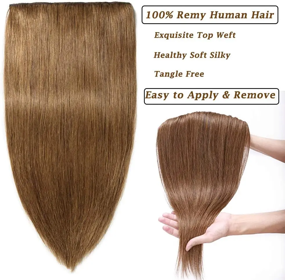 Clip in Hair Extensions One Piece 5 Clips 120g Soft Silky Straight Hair #6 Light Brown 3/4 Full Head Shaped Weft Thicker