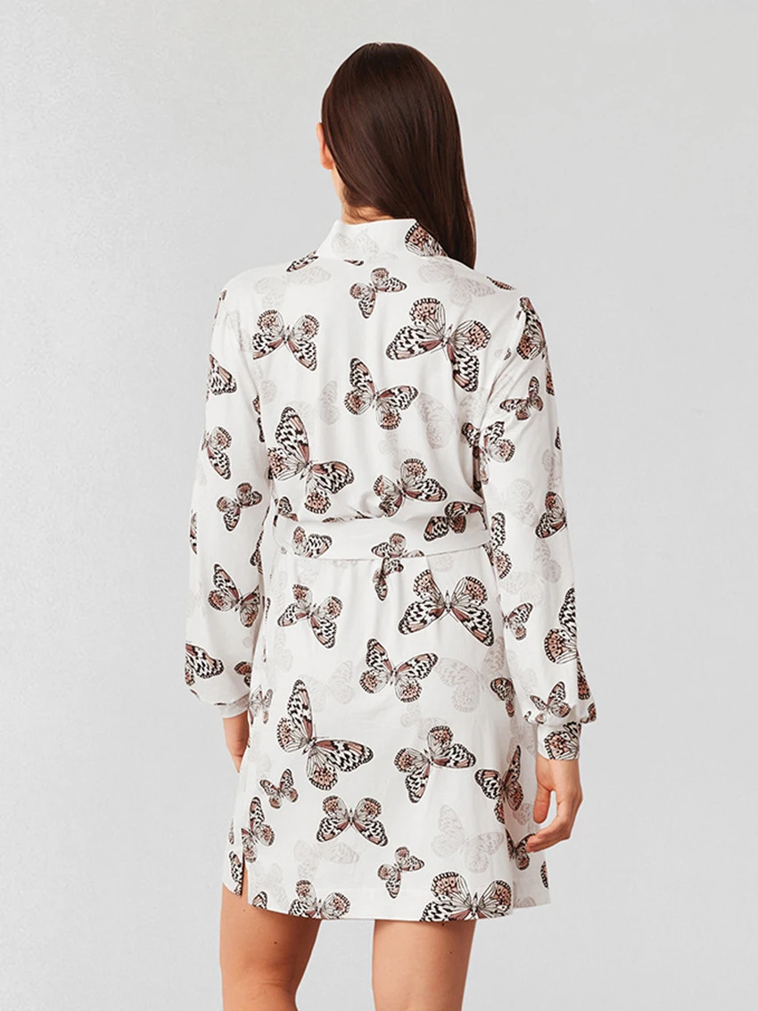 Marthaqiqi Loose Female Sleepwear Sexy V-Neck Robe Long Sleeve Bathrobe Lace Up Nightgowns Casual Printing Ladies Home Clothes