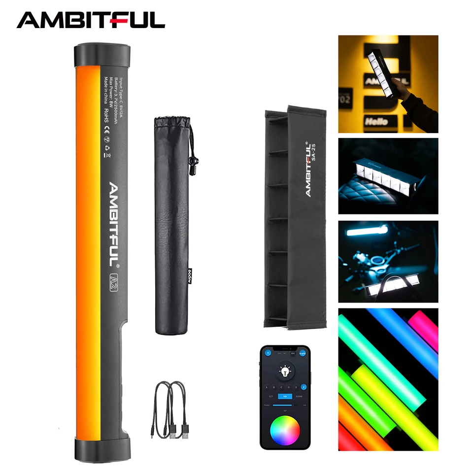 AMBITFUL A2 RGB 2500-8500K RGB LED Video Stick Tube Light + AMBITFUL A2 RGB 2500-8500K RGB LED Video Stick Tube Light +