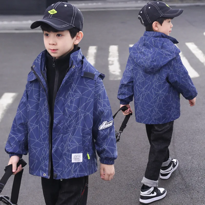 

Autumn Winter Thick Warm Jacket for Boys Fashion New Detachable Print Tops Children's Clothes for Teens Plush Casual Coat 4-14 Y