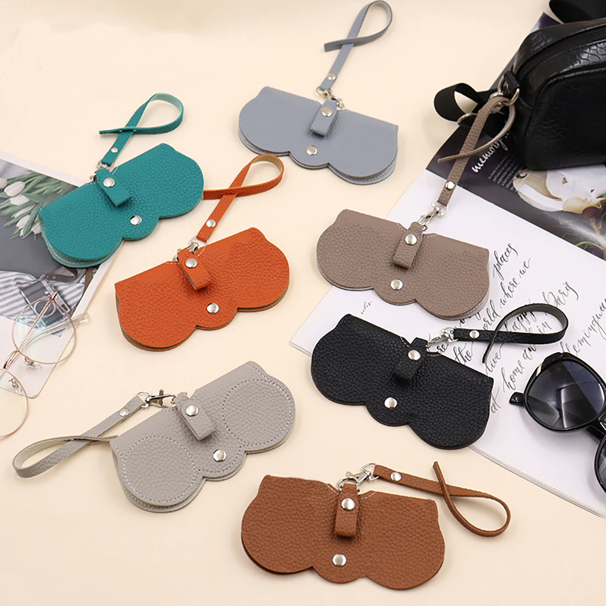 Glasses Storage Bag 1pc Litchi Embossed PU Leather Cute Hanging Sunglasses Reading Glasses Portable Travel Eyewear Holder