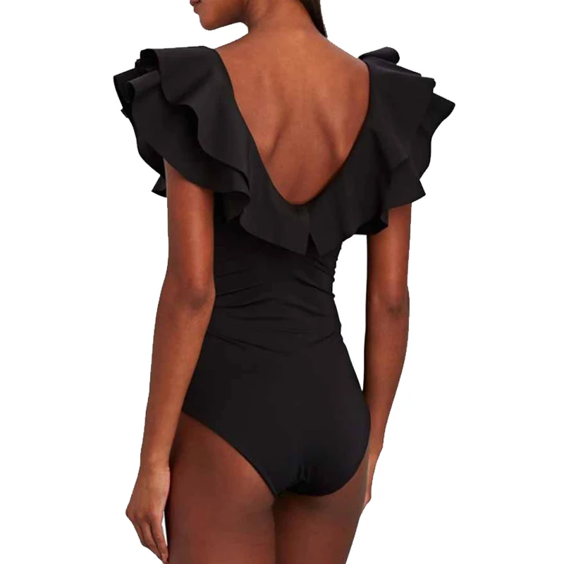 2023 Sexy Ruffle One Piece Swimsuit Sleeveless Solid Swimwear Women Deep-V Bathing Suits Summer Backless Beachwear Dropshipping