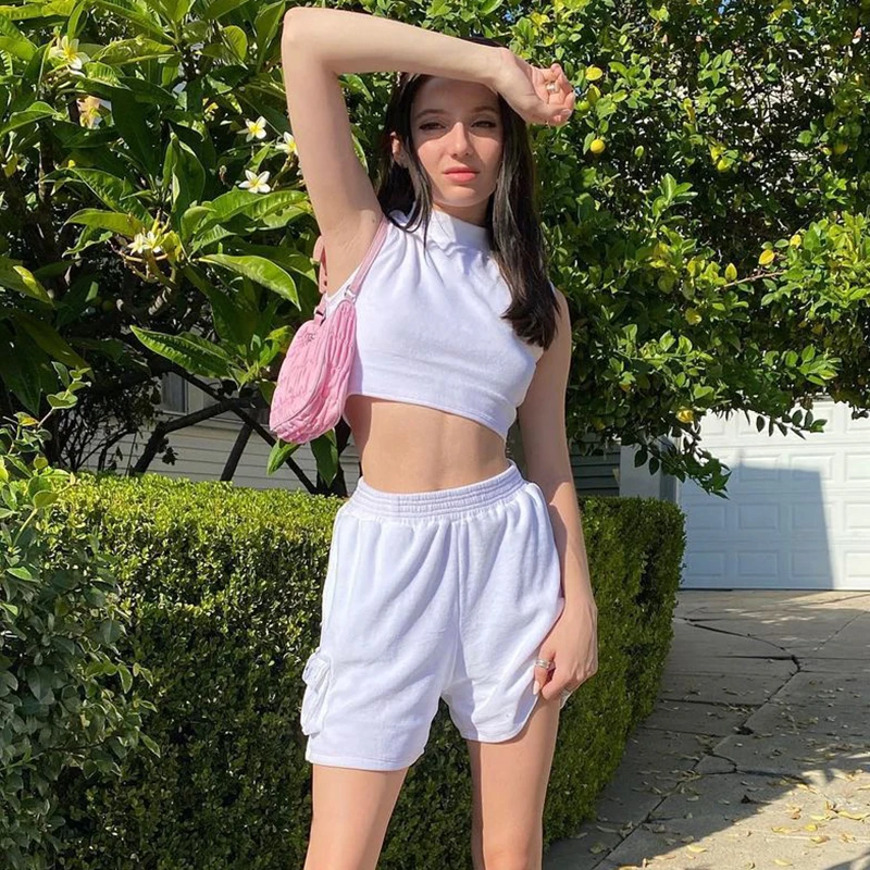 Vintage  Casual Cycling Shorts Jogging New Sweatpants Streetwear 90s Summer Women High Waist White Pockets Patchwork Shorts
