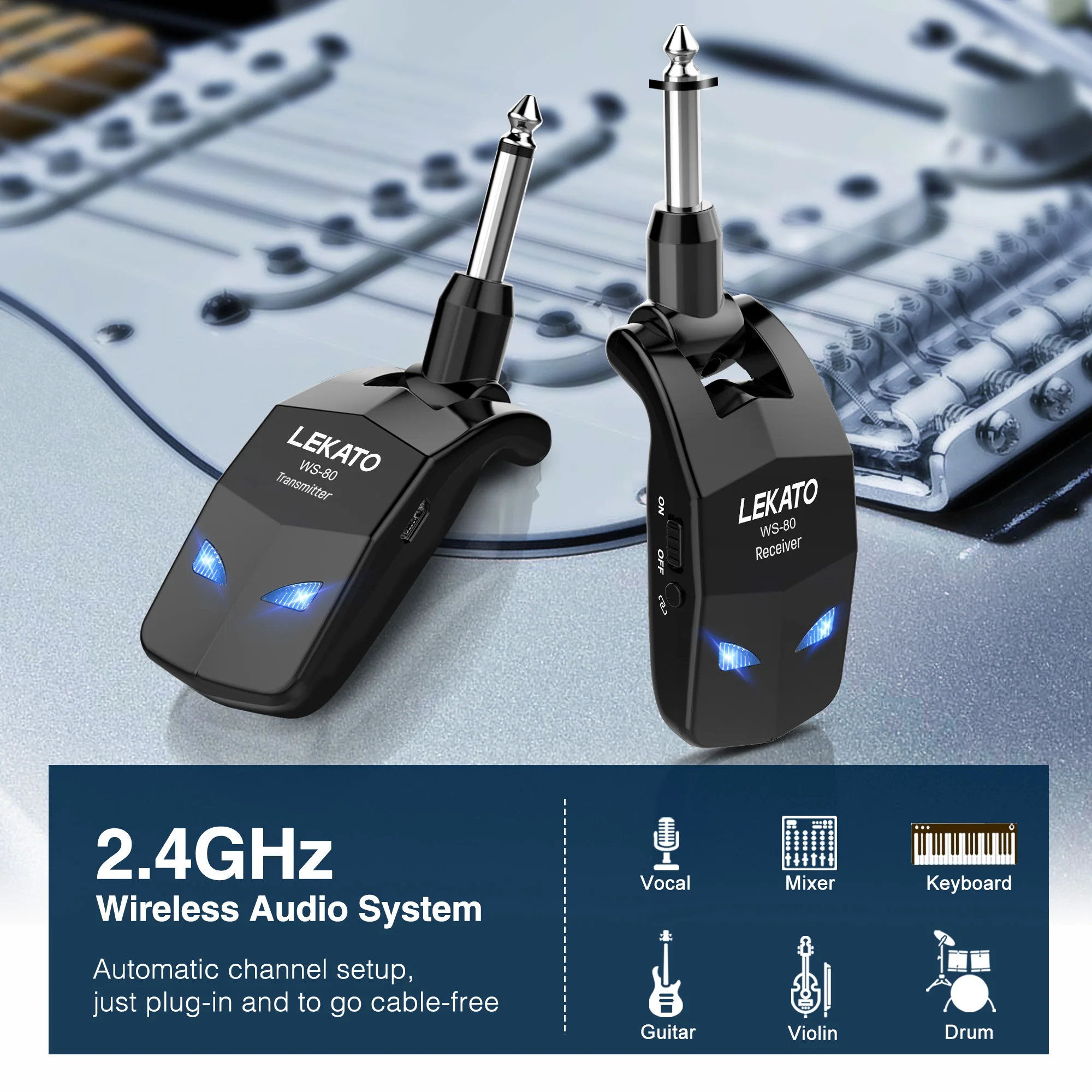Lekato Wireless Guitar System 2.4Ghz Guitar Transmitter Receiver For Electric Wireless Transmitter Built-In Rechargeable