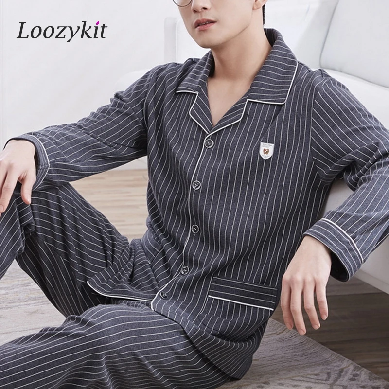 mens cotton pajama shorts Men's Pajama Sets Spring Summer Man Pajamas Set Simple Sleepwear Long Sleeve Cotton Pajamas For Men Top Pant Leisure Outwear plus size silk pajamas Men's Sleep & Lounge