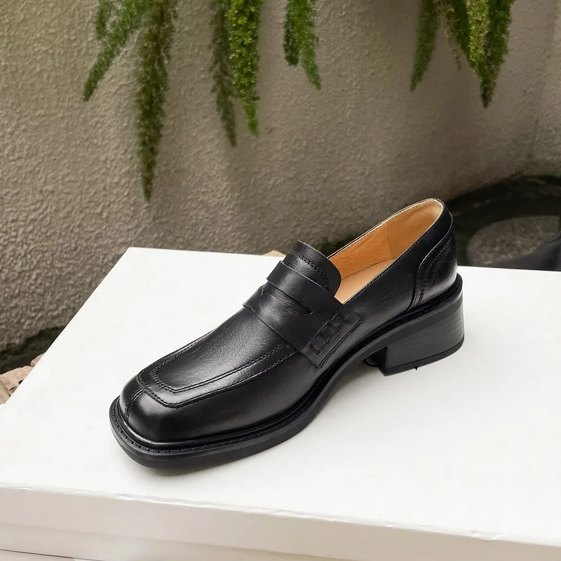 

Women Shoes Basic Style Slip On Med Heel Simple Shoes Real Leather Daily Shoes Cowhide Genuine Leather Spring Loafers Square Toe