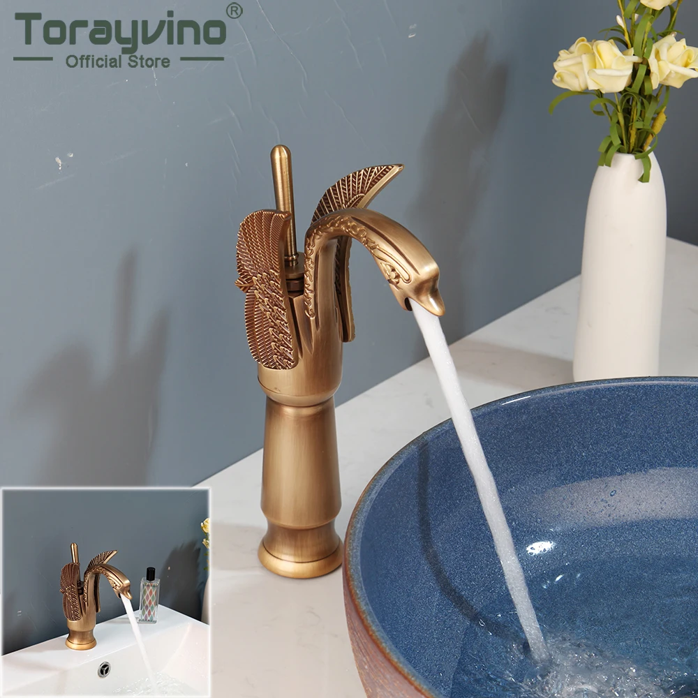 

Torayvino Antique Brass Bathroom Basin Faucet Swan Carving Vanity Sink Mixer Taps European Style Deck Mounted Washbasin Faucets