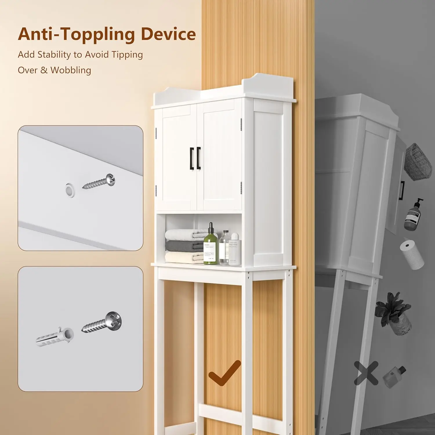 Bathroom 67" Storage Cabinet Organizer with Shelves and Doors, Small Freestanding Toilet Shelf Space Saver with Anti-Tip Design