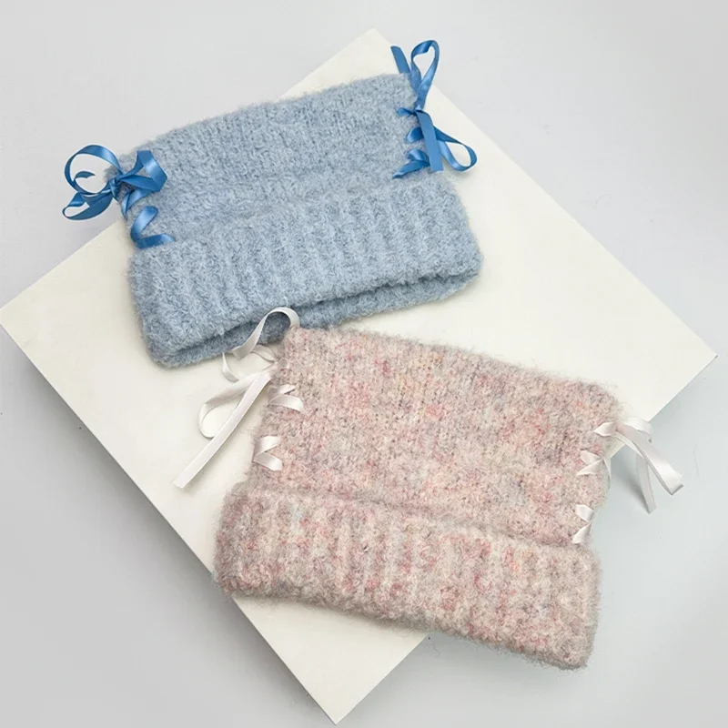 Women Sweet Bow Ribbon Cat Ears Knitted Hats Korean Warm Autumn and Winter New Cute Versatile Outdoor Beanies Fashion Thickened 5