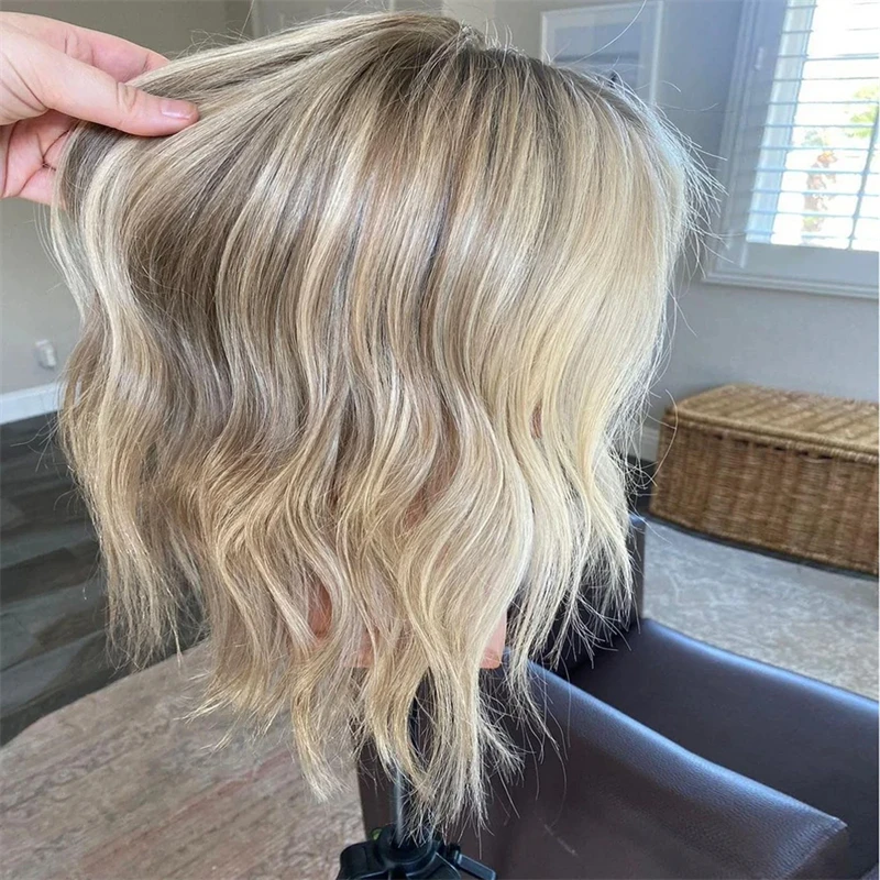 Blonde Bob Wig Dirty Ashy Highlights High Heat Fibre Synthetic Lace Front Wigs Dark Roots Short WAvy Cosplay Wig for Women synthetic human hair wig
