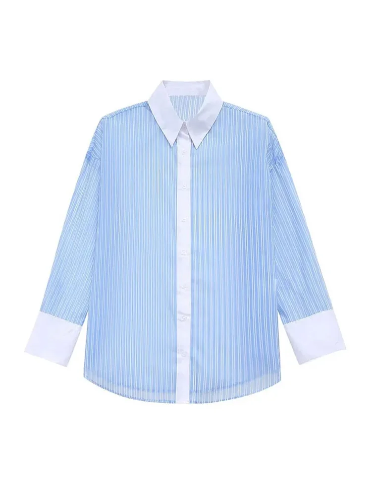 

HH TRAF Spring Casual Shirt Woman 2024 Fashion Blue Striped Lapel Long Sleeve Single Breasted Female Elegant Transparent Blouse