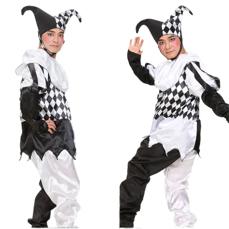 Halloween Carnival Cosplay Costumes Funny Clown Cosplay Costume Adults Man Women Black and White Couple Clown Suit