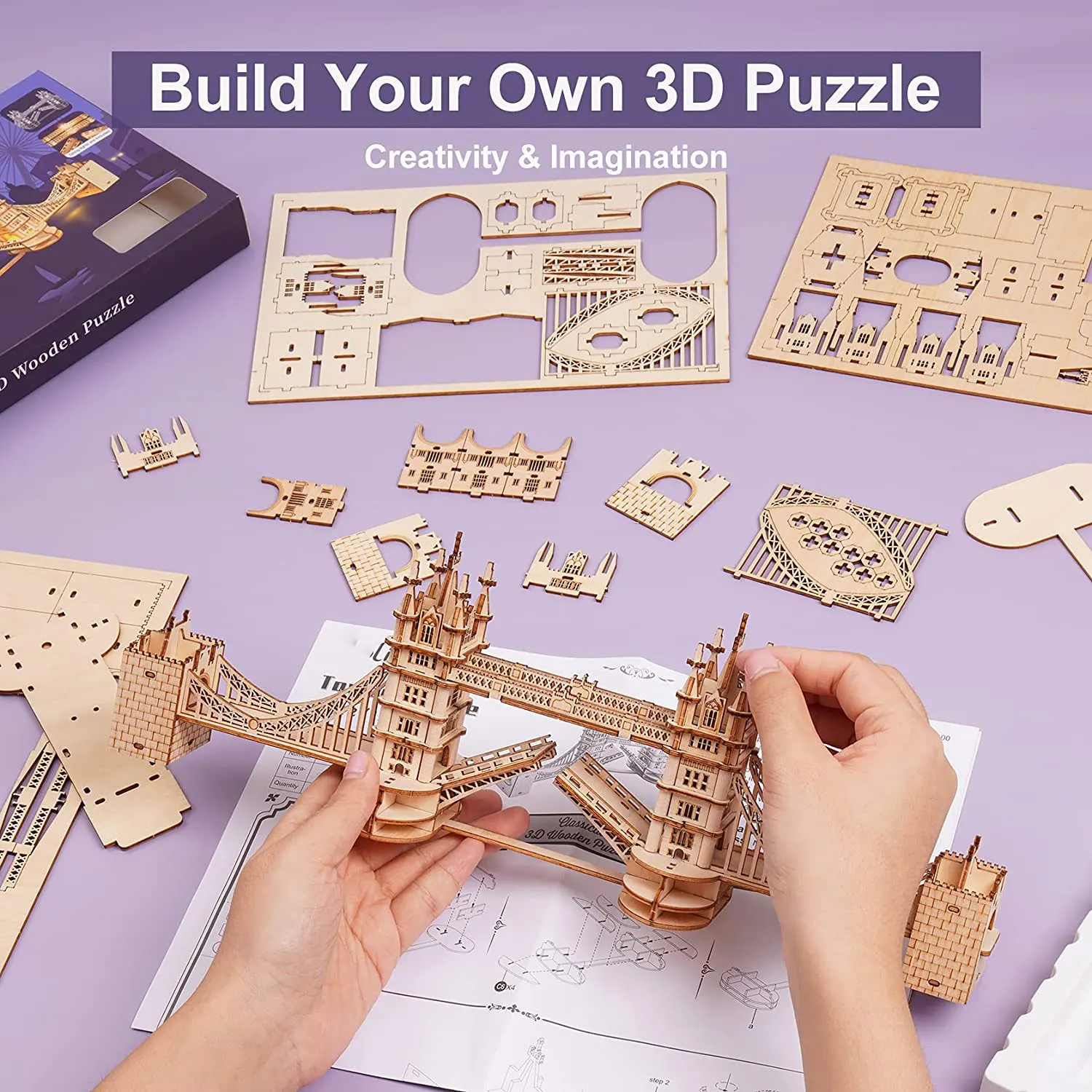 3D Puzzle Wooden Craft Kits with LED Light DIY Tower Bridge Big Ben Construction Model Kit to Build for Adults Brain Teaser Puzz 5