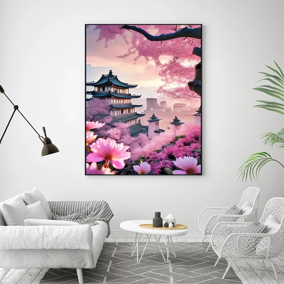 Azqsd-ダイヤモンド絵画の家の建物の風景、桜の刺sale販売
