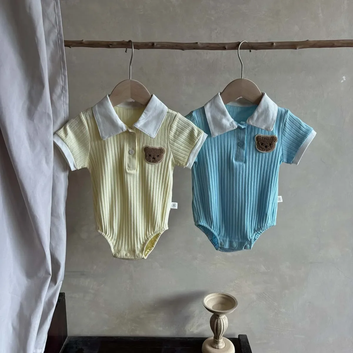 Baby Summer Thin Bear Bodysuit Boys Korean Style Collar Pit Stripe Cotton Romper Crawling Suit Children New Model Cotton Materia