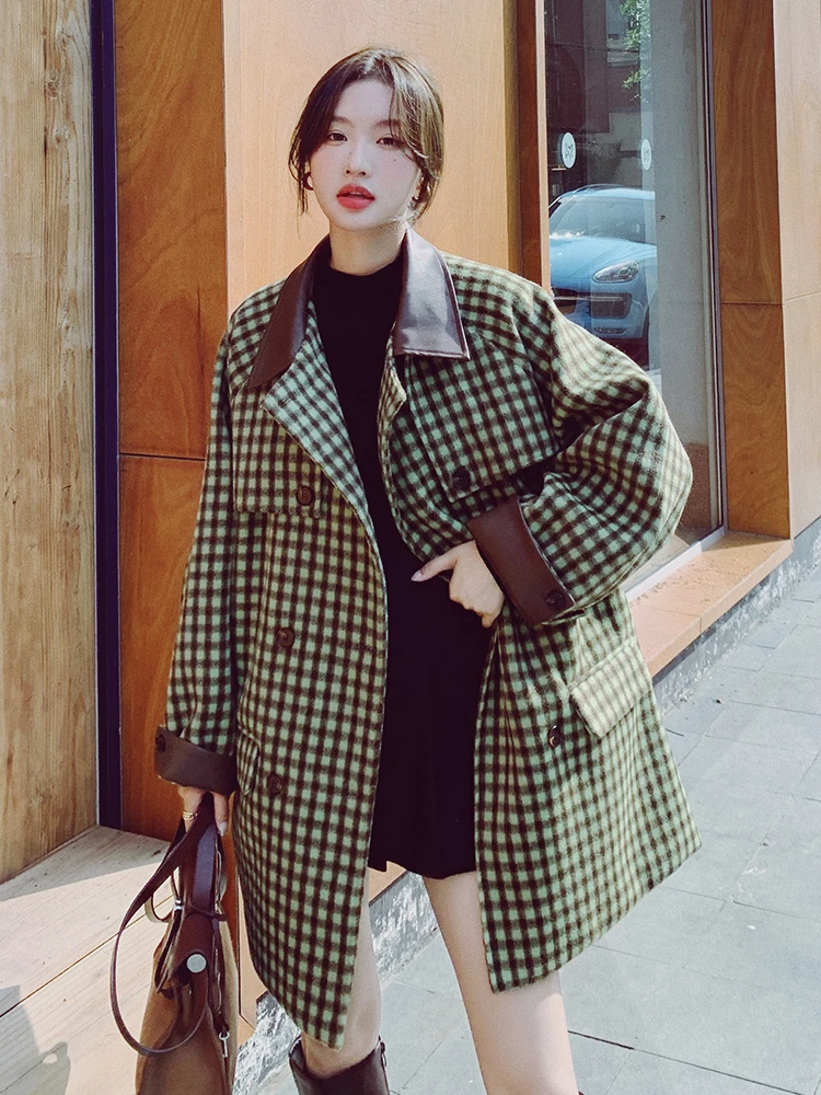 

Plaid Spliced Leather Korean Style Woolen Overcoat Jacket 2022 Winter Women Elegant Vintage Loose Mid-long Windbreaker Coat C836