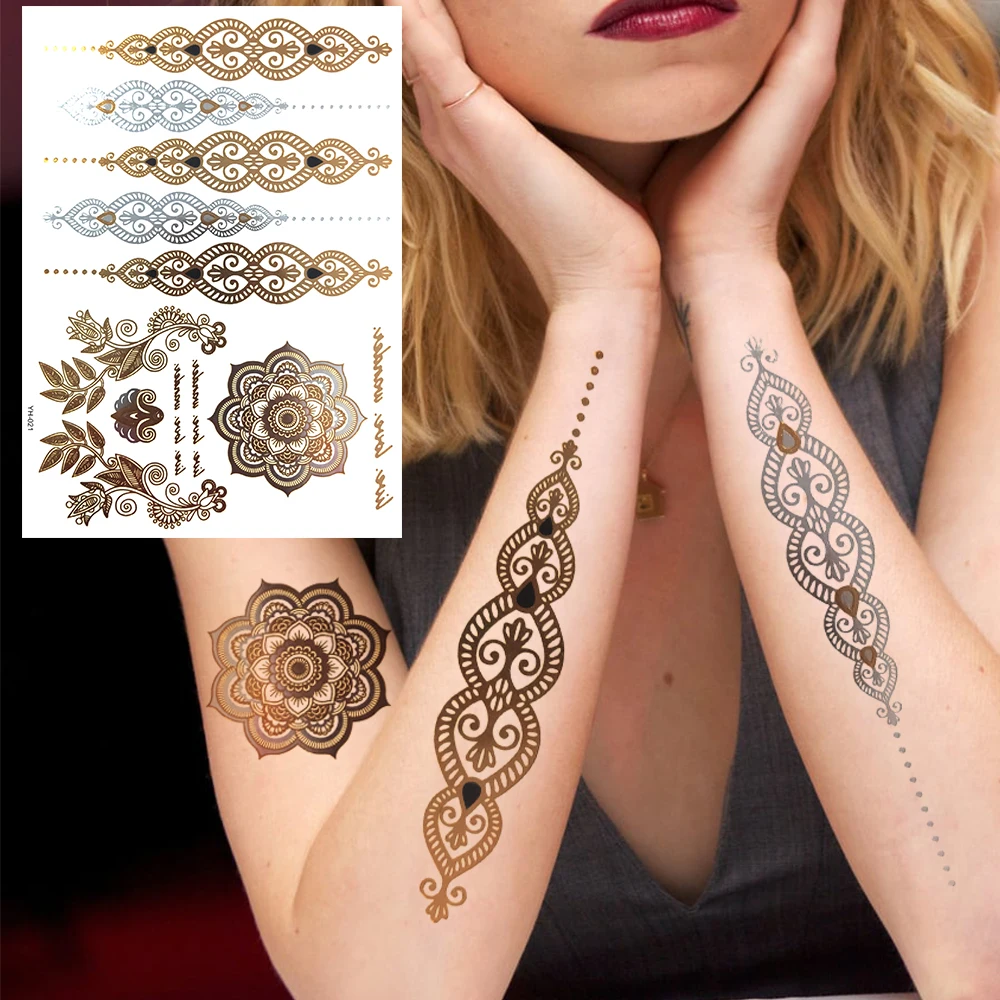 

Henna Lace Temporary Tattoos For Women Adults Realistic Mandala Feather String Fake Tattoos Sticker Gold Forearm Washable Tatoos
