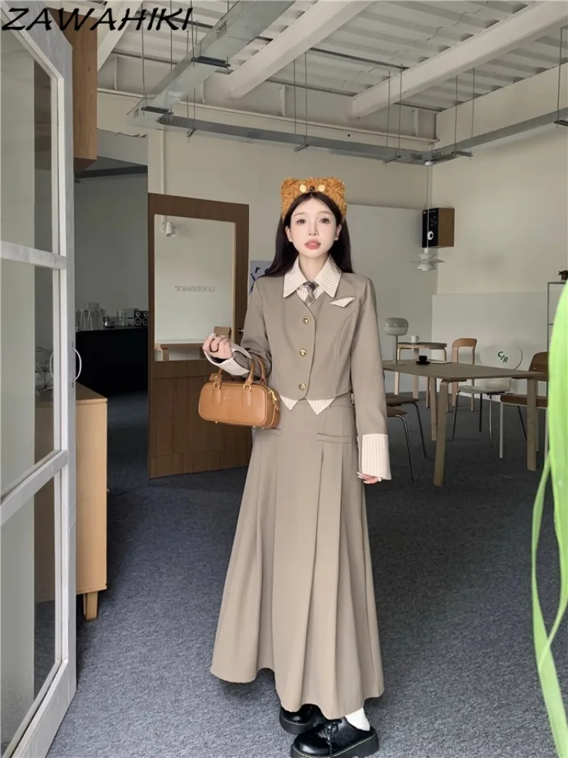 

ZAWAHIKI Preppy Patchwork Polo Turn-down Collar Long Sleeve Chic Tops + Solid Color Pleated Casual Y2K Aesthetic Long Skirt