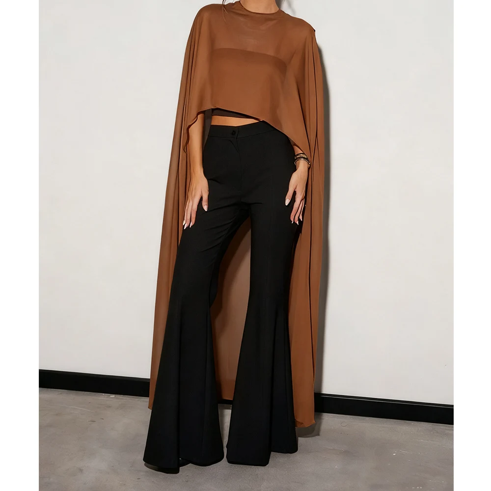 Women Long Chiffon Cape Flowy Mesh Sheer Poncho Tops High Low Wraps Shawl Cape Cover-ups Tops for Wedding Dress Evening Party 2