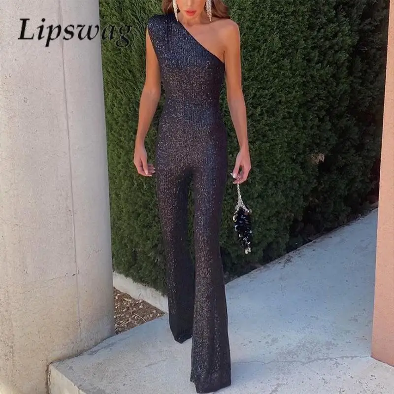 

Chic Slant Collar Slim Jumpsuit Fashion Ladies Shoulder Halter Waist Flared Jumpsuit Sexy Versatile Solid Color Sequin Rompers