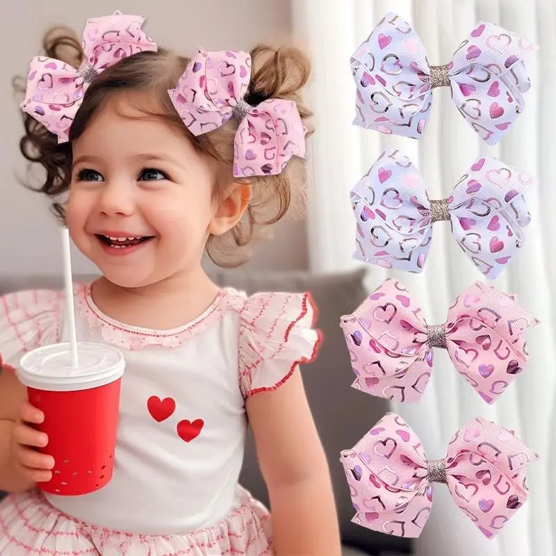 24pc/lot 3.5inch Heart Print Bow Hair Clips Chidlren Grosgrain Ribbon Bow Hairpins Girls Barrettes Valentine's Day Headwear Bulk solid color chidlren s accessories soft girl hair elastics hair bands for newborn baby toddler s hair band hair bows headdress