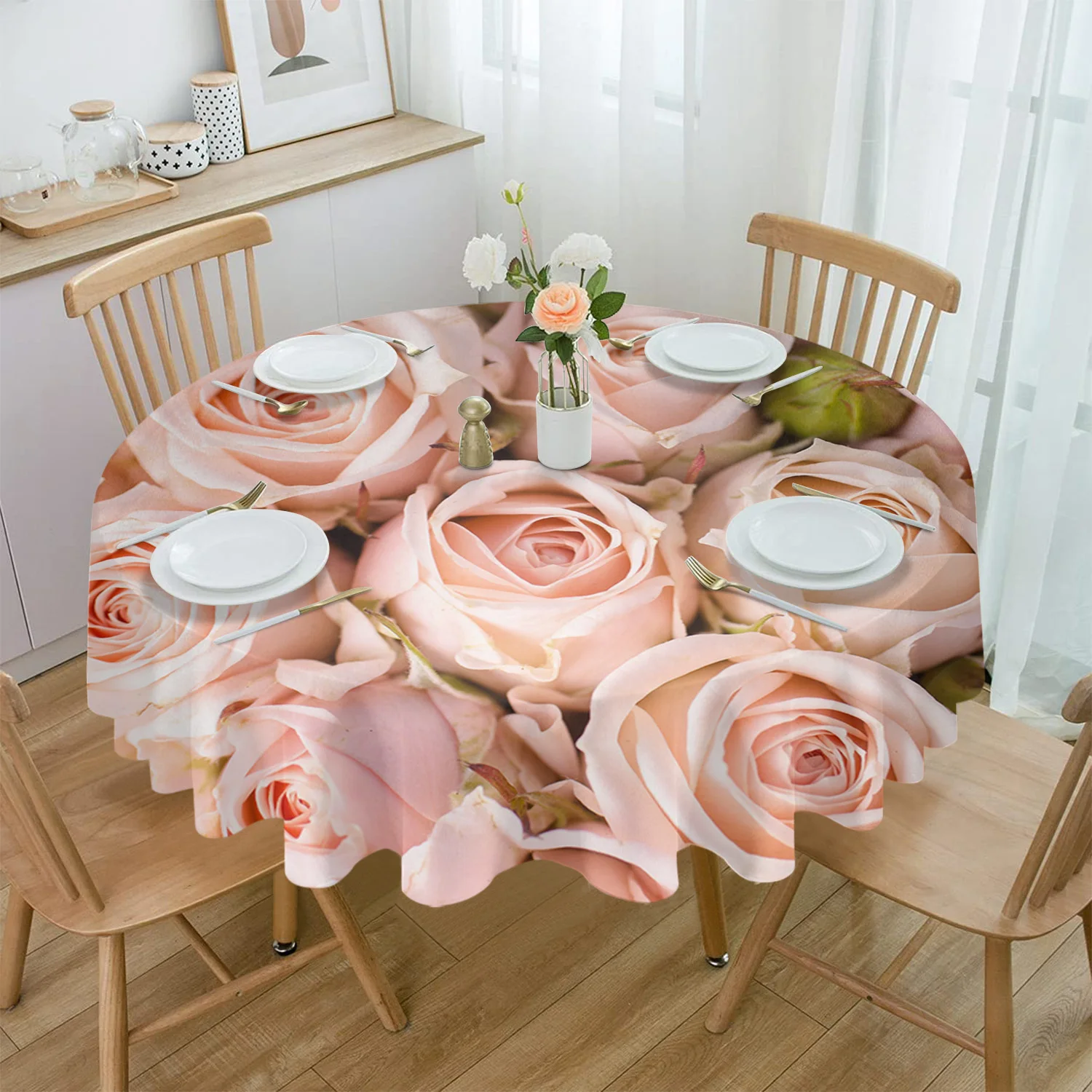 

Roses Pink Flowers Round Table Cloth Festival Dining Waterproof Tablecloth Table Cover for Wedding Party Decor