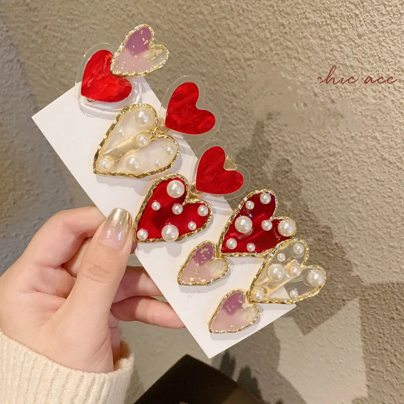 2023 Korea Double Layer Heart Imitation Pearl Crystal Shiny Hairpins Red Oil Clear Hair Clips Hair Accessories for Women Girls fashion design gold metal heart buckle belt new silver clear plastic pvc strap belts transparent wide waistbands for women jeans