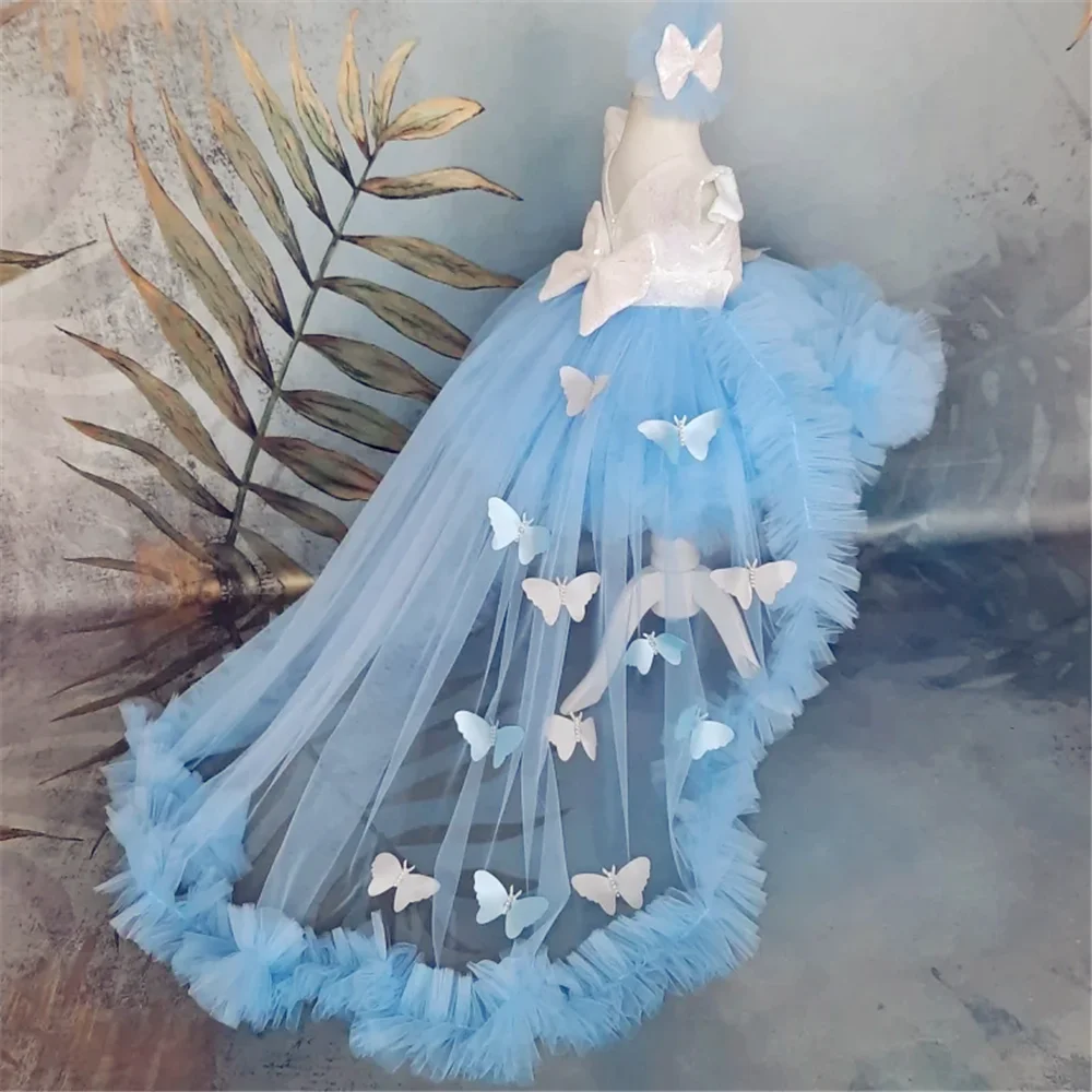

Blue Angel Flower Girl Dresses Tulle Sequin Butterfly Bow And Tailing Sleeveless For Wedding Birthday Gift First Communion Gowns