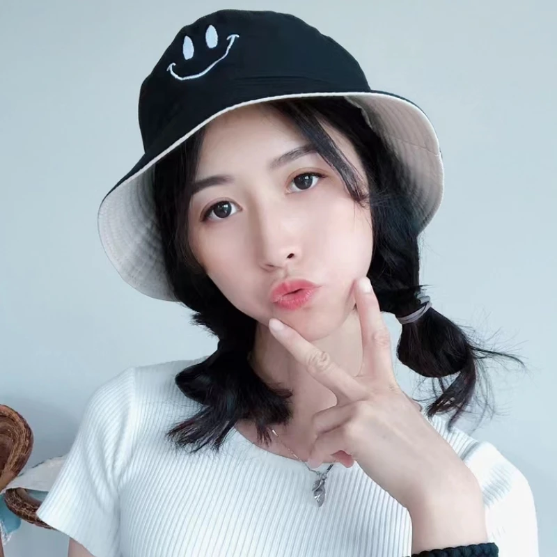 Women's Double-sided Embroidered Smiley Fisherman Hat Wholesale Double Sided with Basin Cap Seasonal Sun Hat Bucket Hat 2