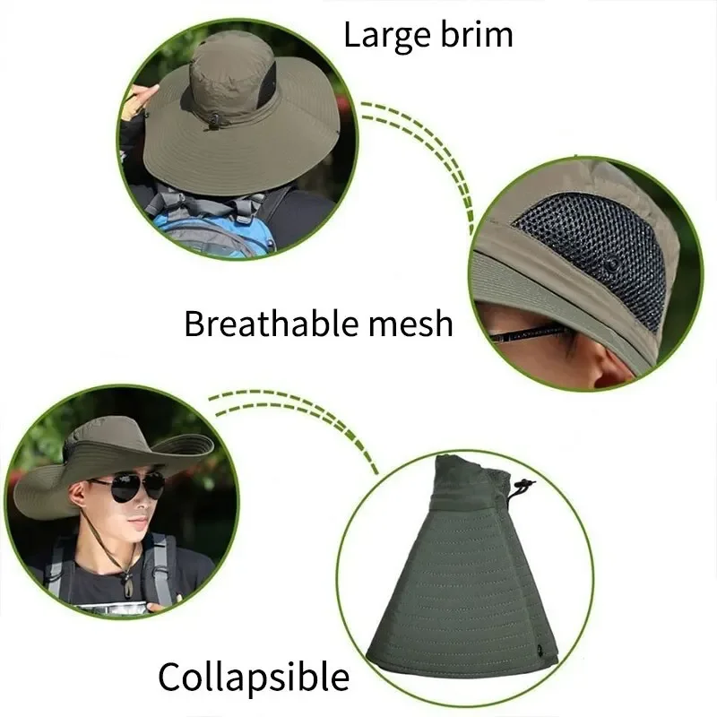 Sun Hats 15cm Large Brim Polyester UV Protection Breathable Mesh Foldable for Men and Women Outdoor