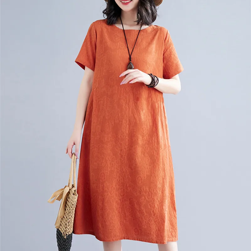 

Short Sleeve Loose Summer Dress For Women Cotton Linen jacquard Vintage Office Lady Work Long Dresses Vestidos Robe Elbise