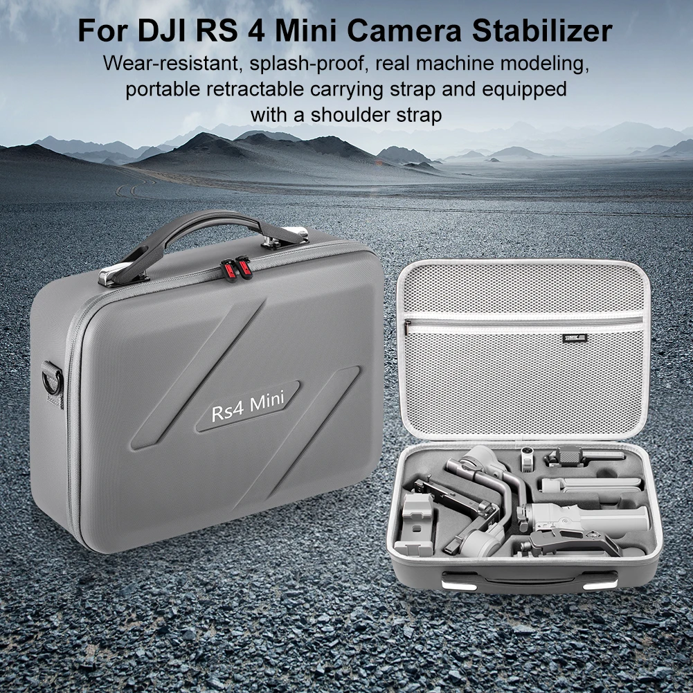 Mallette de transport étanche PU pour DJI RS 4 Mini, portée en bandoulière avec sangle réglable et rembourrée.