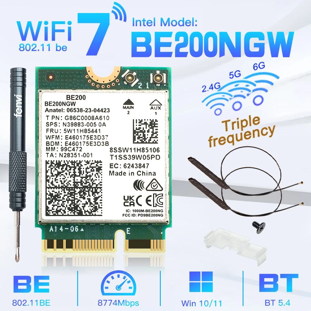 Placa de Rede Wi-fi para Intel Be200 Bluetooth 5.4 Tri Band 2.4 Ghz 8774mbps Be200ngw M.2 Adaptador sem Fio Melhor Que Wifi 6e