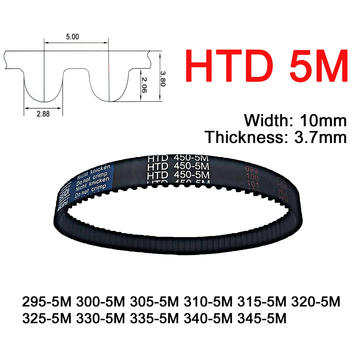 

1Pc Width 10mm 5M Rubber Arc Tooth Timing Belt Pitch Length 295 300 305 310 315 320 325 330 335 340 345mm Synchronous Belt