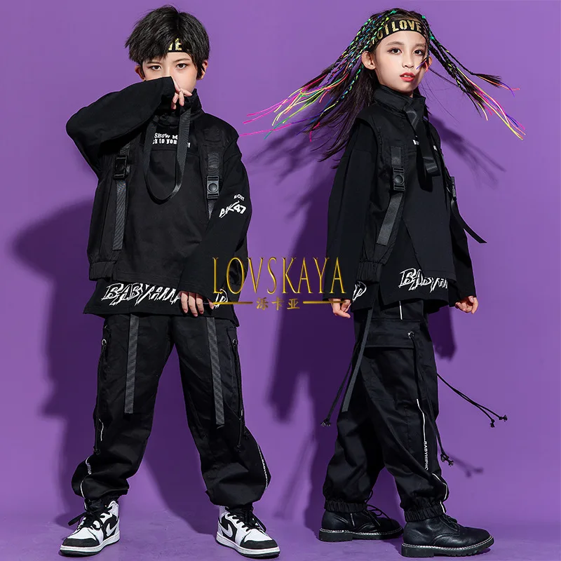 

Girls' street dance outfits for spring and autumn, men's trendy cool hip-hop sets, children's runway costumes, black jazz dance
