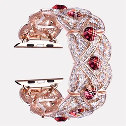 Luxury Bling Diamond Band Metal Strap Bracelet - 38 40 41mm (Rose Gold Red)